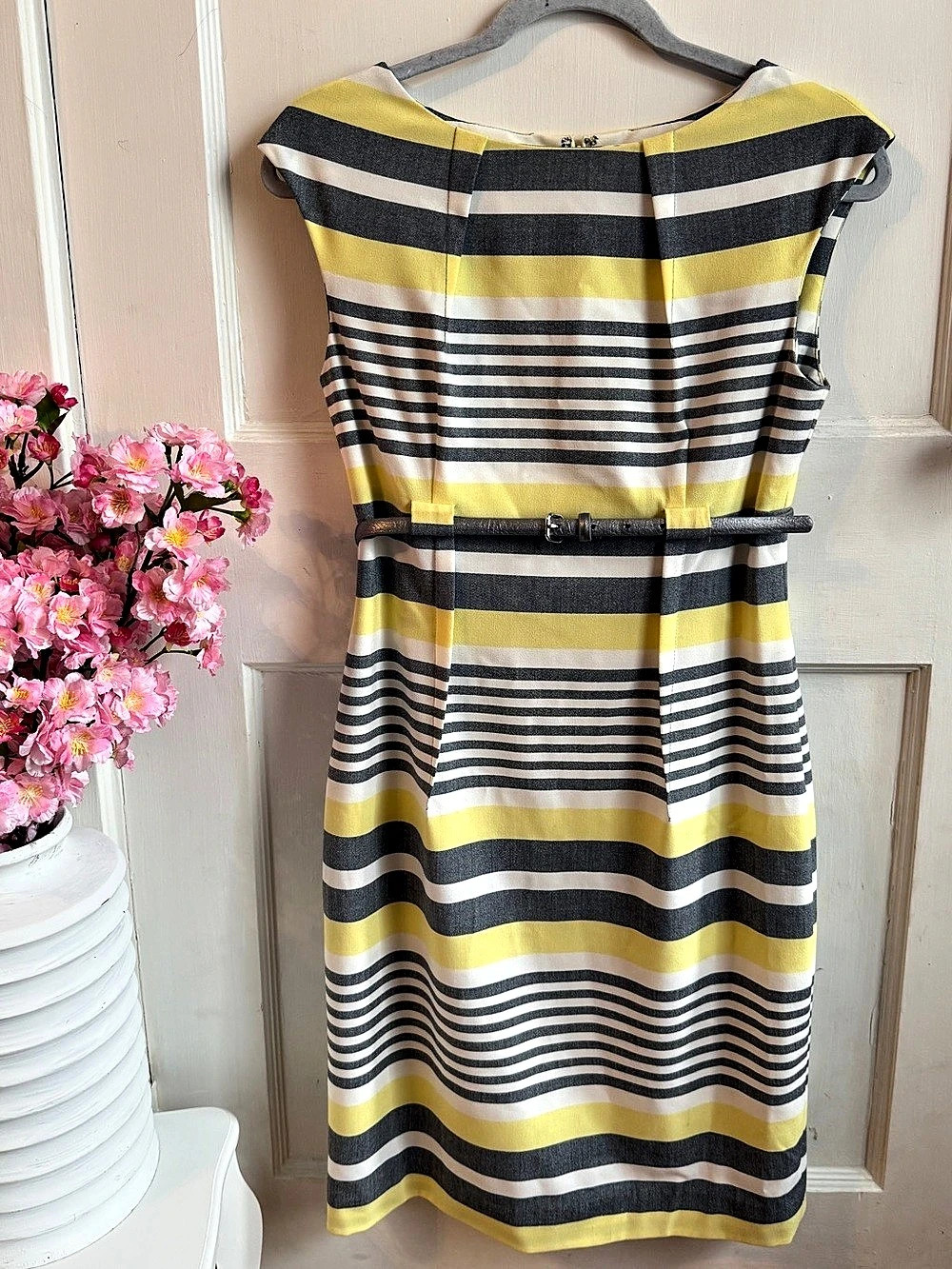 Calvin Klein Striped Cap Sleeve Belted Empire Waist Sheath Dress